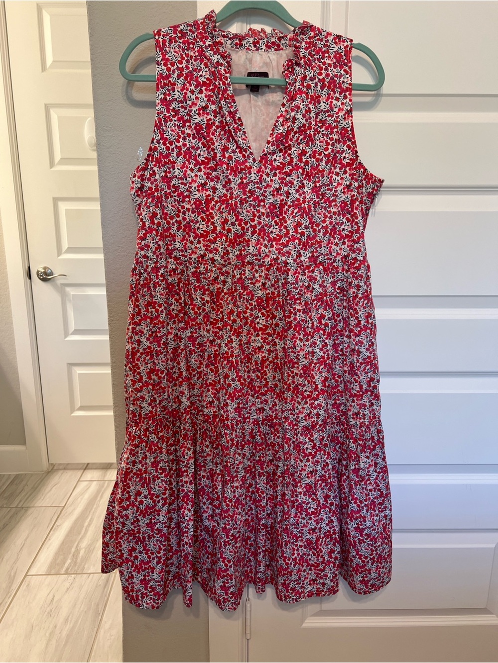 Sleeveless Red Floral V-Neck Tiered Dress